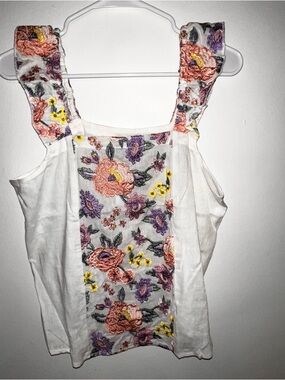 White Linen Ruffle Strap Camisole with Peach Purple Yellow Floral Embroidery